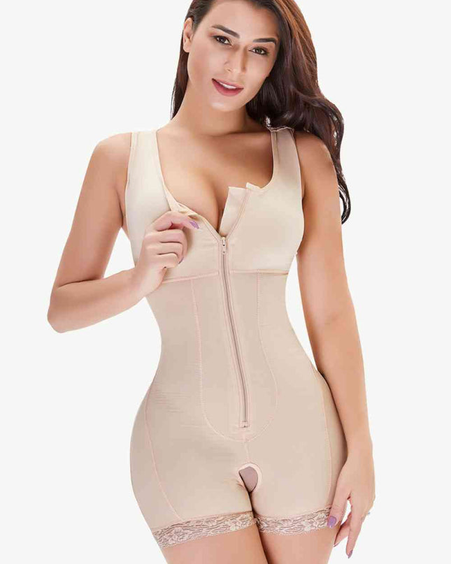 Full Size Zip-Up Scoop Neck Lace Trim Shapewear