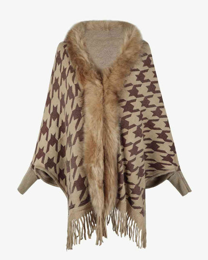 Houndstooth Fringe Hem Poncho