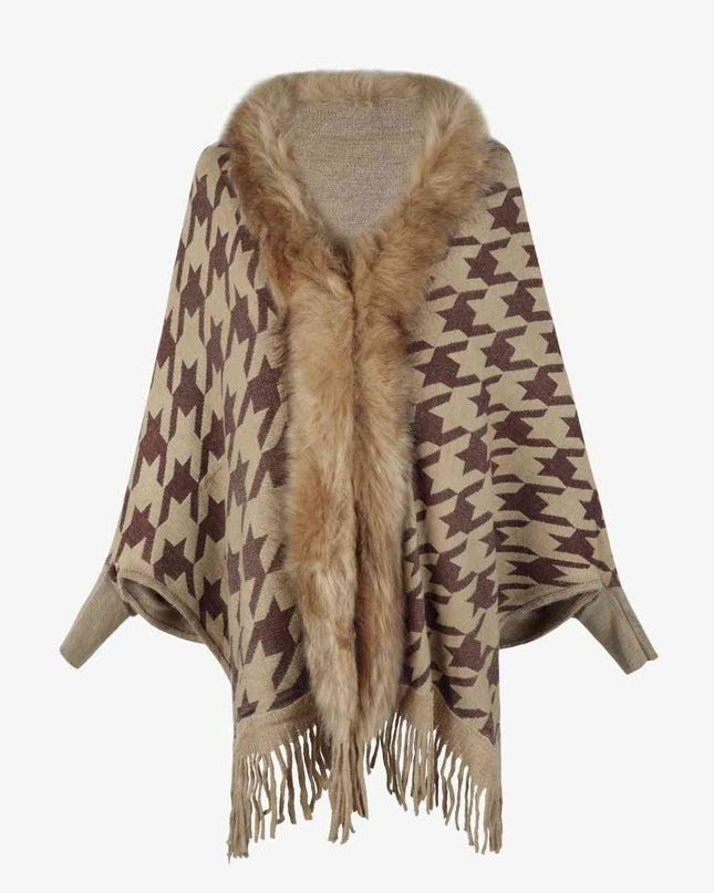Houndstooth Fringe Hem Poncho