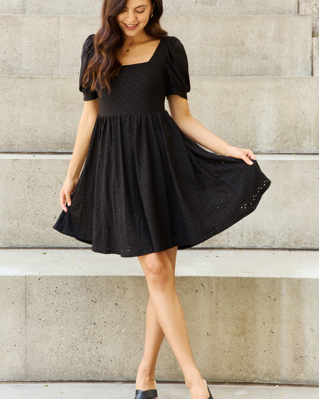 Davi & Dani Walk In The Park Full Size Square Neck Crochet Mini Dress