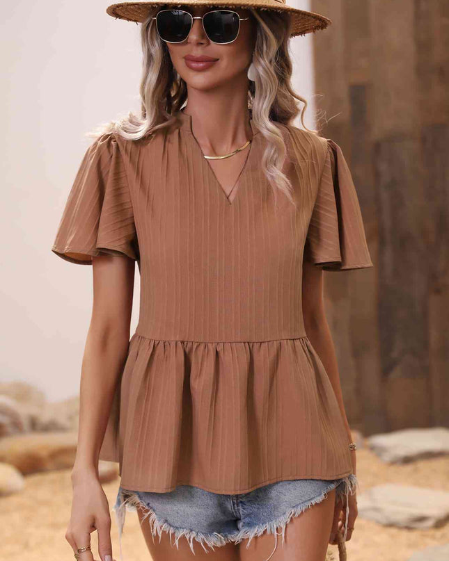 Ribbed Flutter Sleeve Notched Peplum Blouse