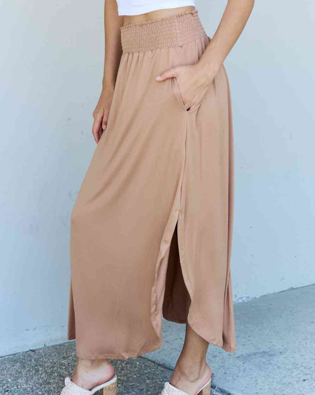 Doublju Comfort Princess Full Size High Waist Scoop Hem Maxi Skirt in Tan