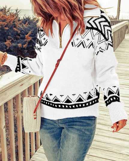 Zip-Up Mock Neck Dropped Shoulder Pullover Sweater