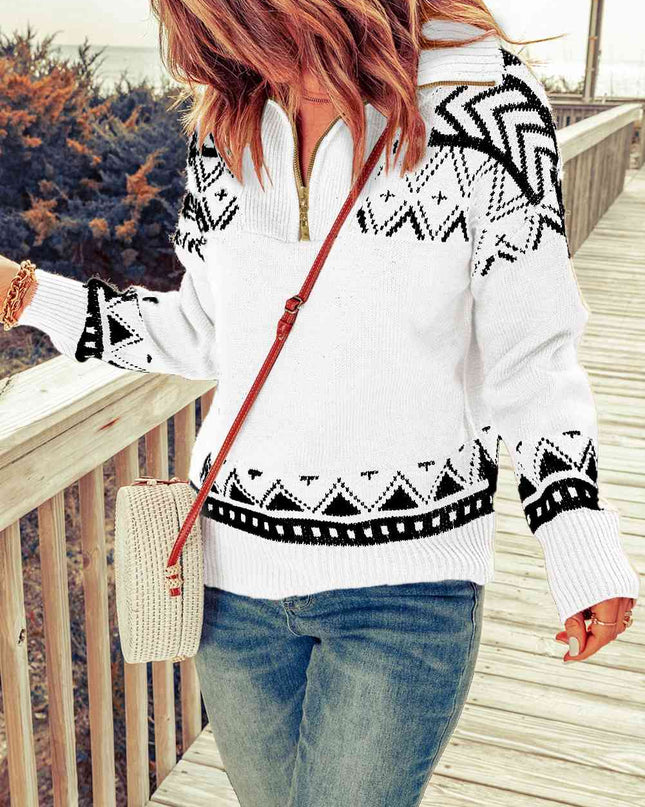 Zip-Up Mock Neck Dropped Shoulder Pullover Sweater
