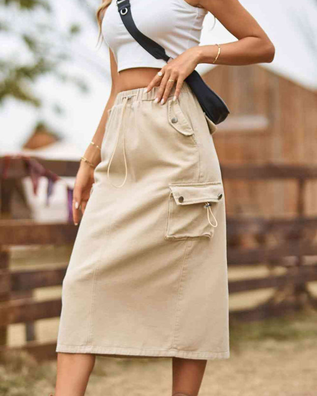 Drawstring Waist Slit Denim Skirt