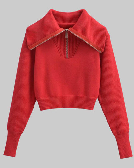 Half Zip Ribbed Collared Neck Knit Top