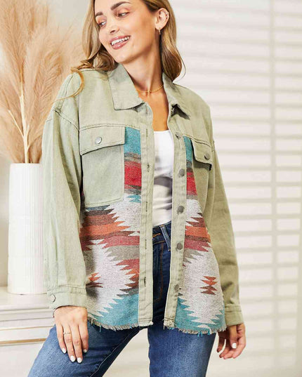 Dropped Shoulder Long Sleeve Printed Denim Jacket