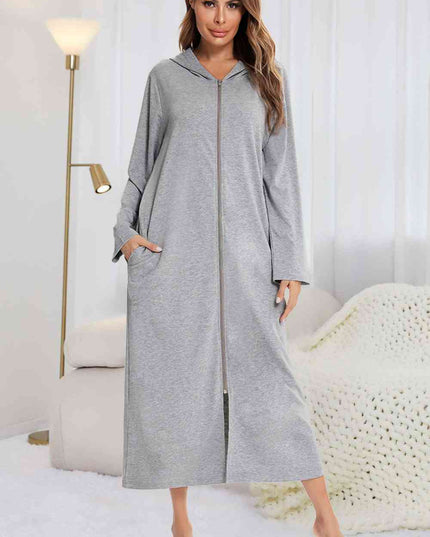 Zip Front Hooded Night Dress with Pockets