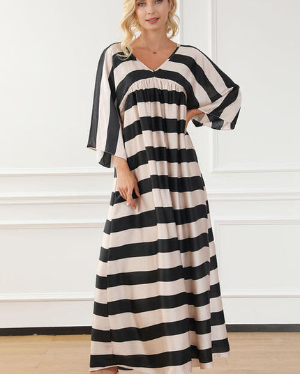Striped V-Neck Ruched Dress