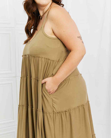 Zenana Full Size Spaghetti Strap Tiered Dress with Pockets in Khaki