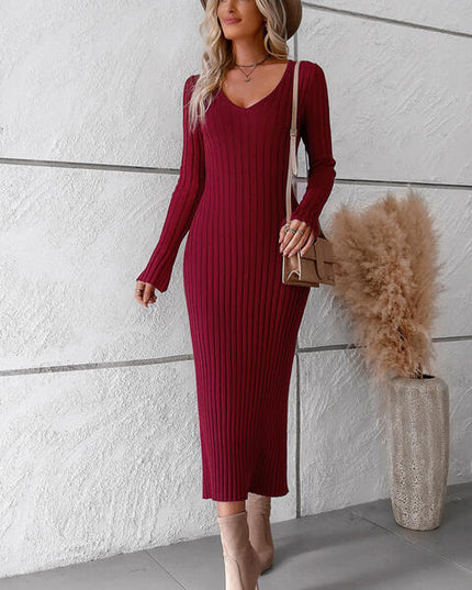 V-Neck Long Sleeve Ribbed Sweater Dress