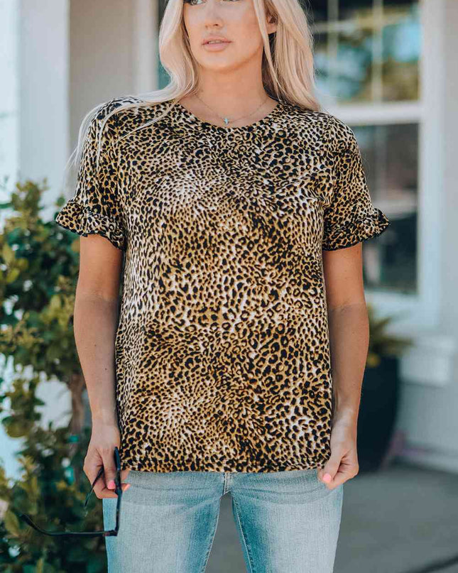 Women Leopard Short Flounce Sleeve Tee