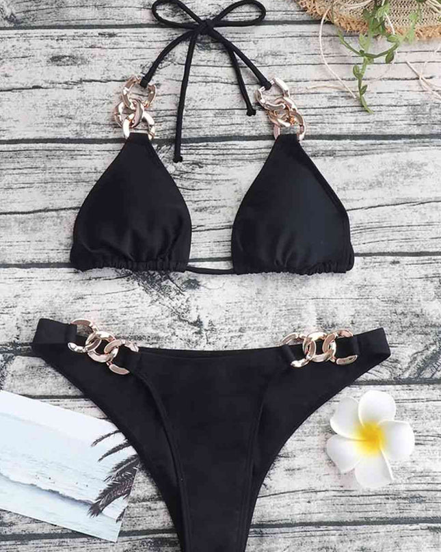 Chain Detail Tied Halter Neck Bikini Set