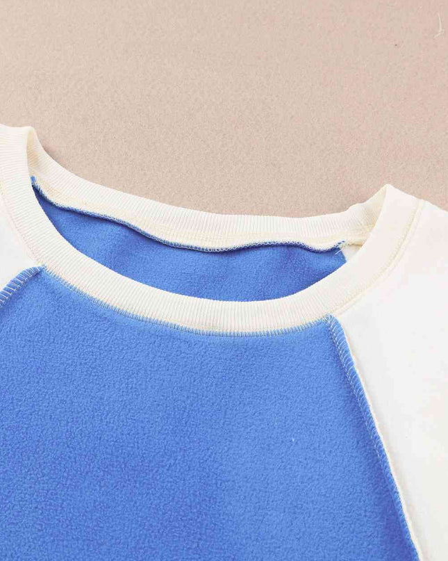 Round Neck Dropped Shoulder Color Block Sweatshirt