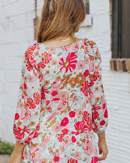 Floral V-Neck Tiered Babydoll Blouse