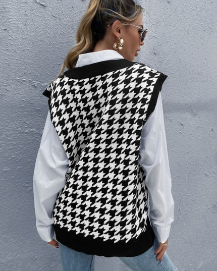 Houndstooth Ribbed V-Neck Sweater Vest
