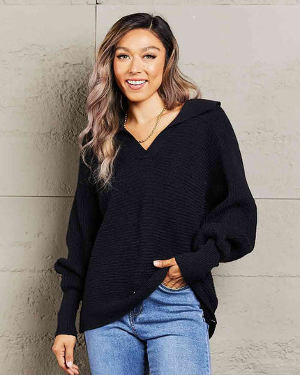 Double Take Horizontal Ribbing Johnny Collar Sweater