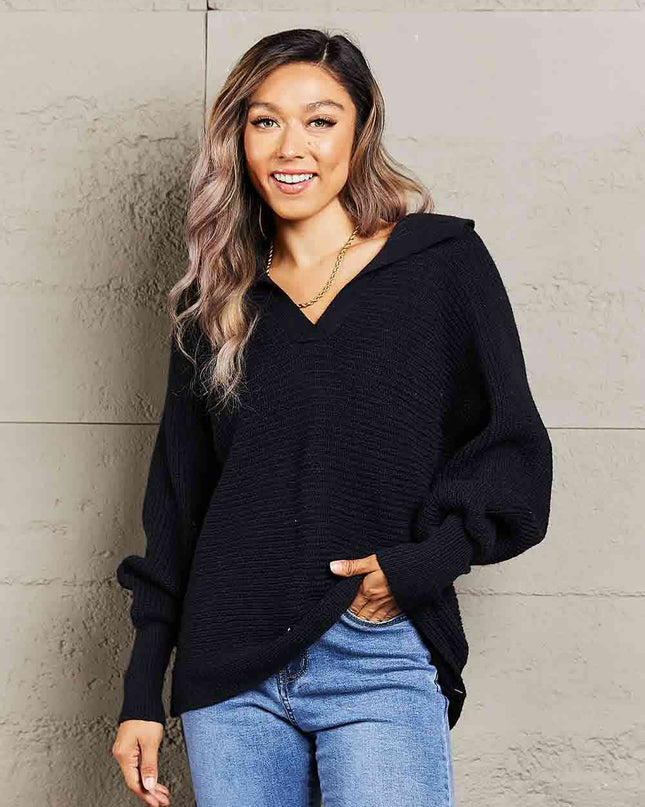 Double Take Horizontal Ribbing Johnny Collar Sweater