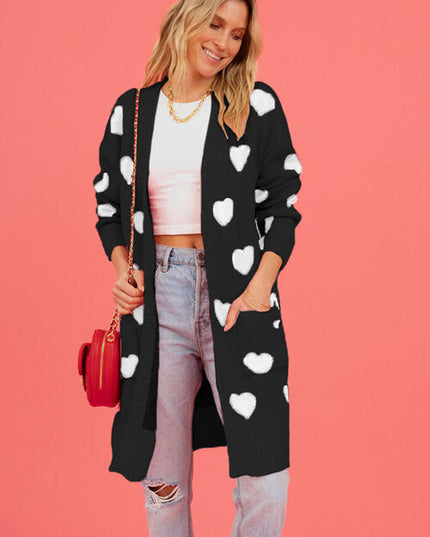 Heart Graphic Open Front Cardigan with Pockets