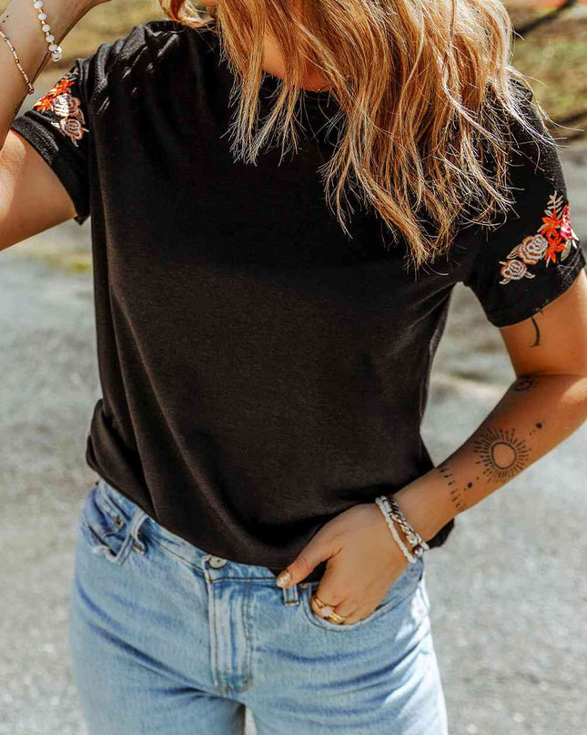 Embroidered Round Neck Tee Shirt