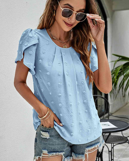 Swiss Dot Round Neck Petal Sleeve Top