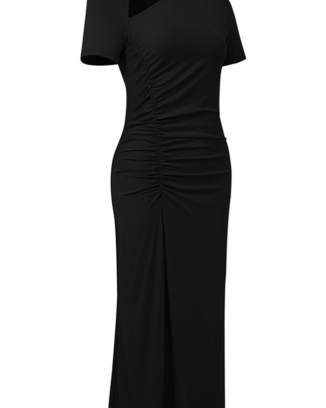 Asymmetrical Neck Short Sleeve Midi Dress