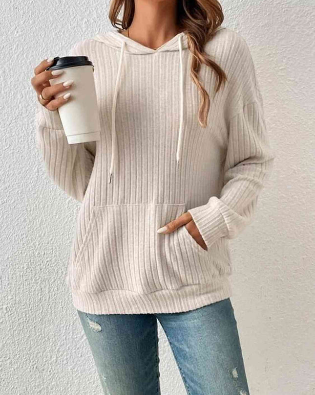Ribbed Dropped Shoulder Drawstring Hoodie