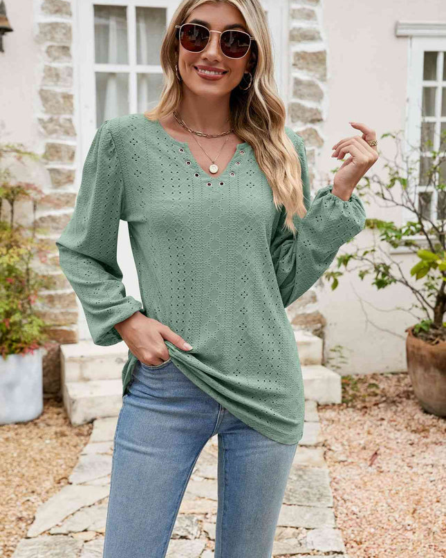 Eyelet Notched Neck Balloon Sleeve Blouse