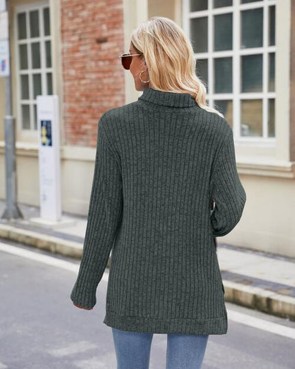 Ribbed Turtleneck Long Sleeve Slit Knit Top