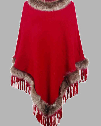 Faux Fur Trim Fringed Poncho