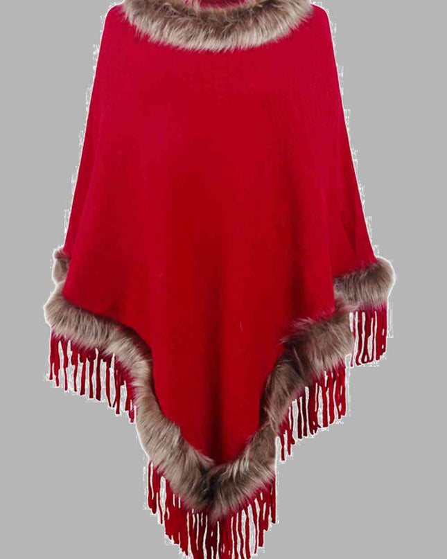 Faux Fur Trim Fringed Poncho