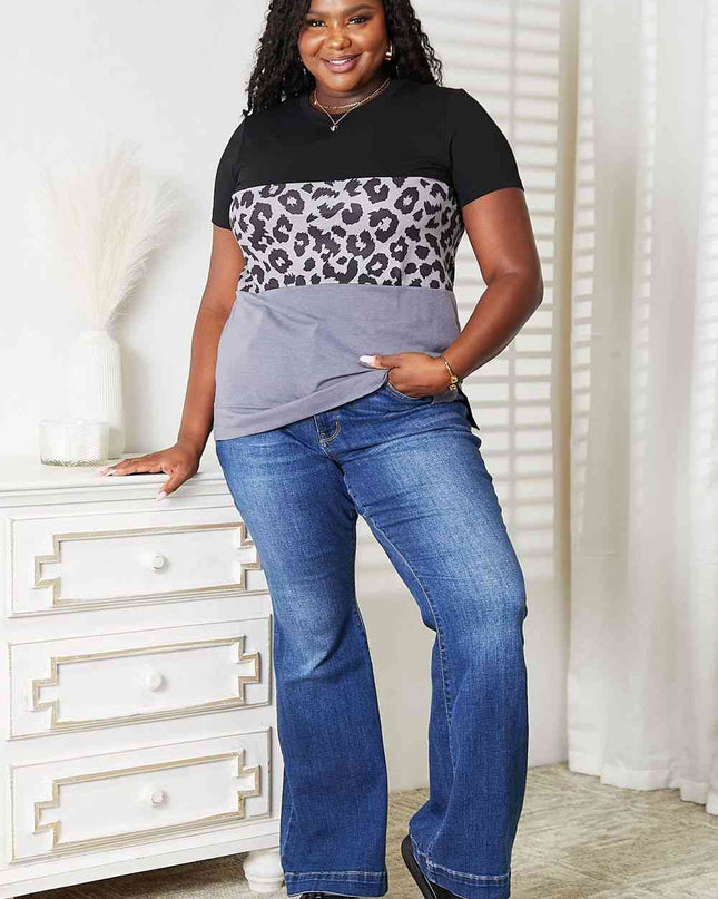 Double Take Leopard Print Color Block Short Sleeve T-Shirt