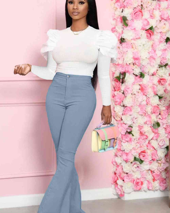 Leg-Of-Mutton Sleeve Top and Flare Pants Set