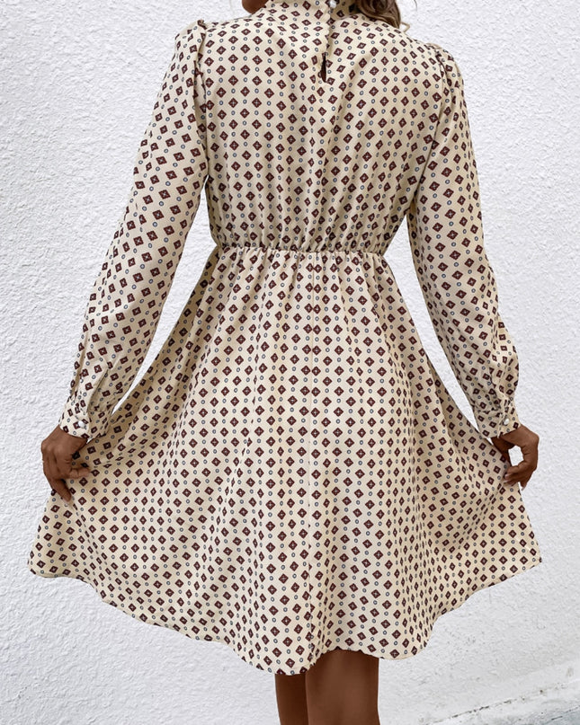 Printed Ruched Mock Neck Long Sleeve Dress