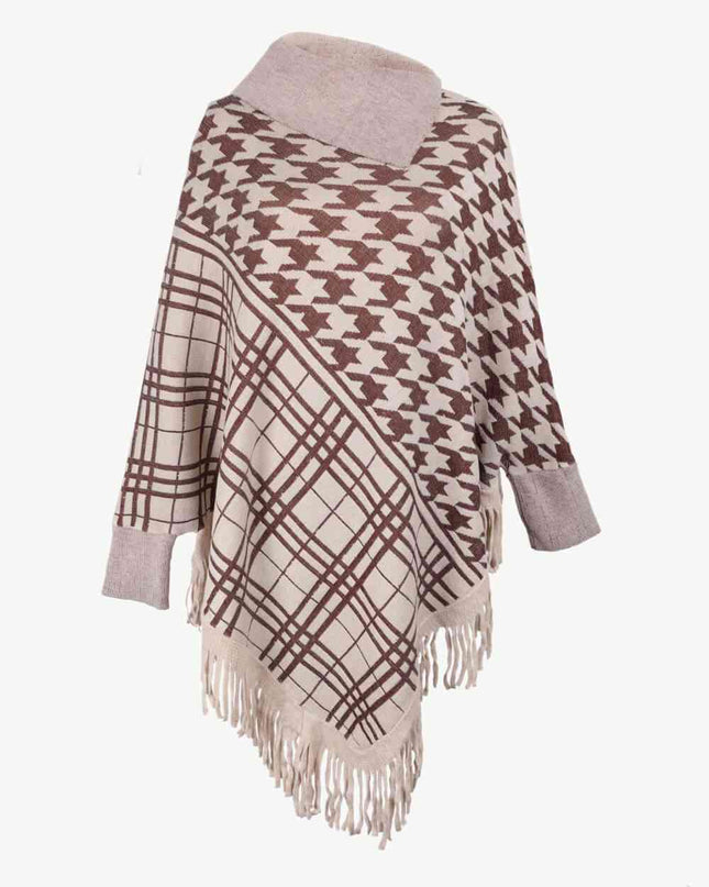 Houndstooth Turtleneck Fringe Hem Poncho
