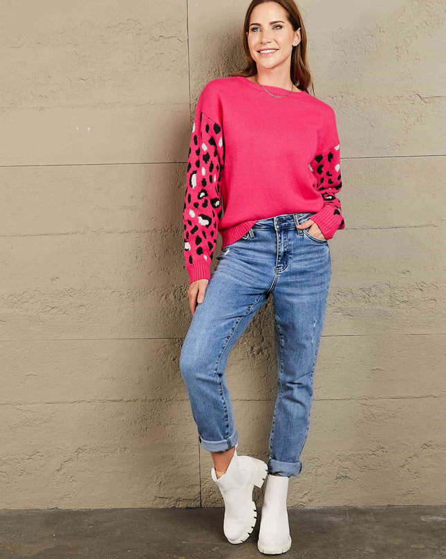 Woven Right Printed Dropped Shoulder Round Neck Sweater