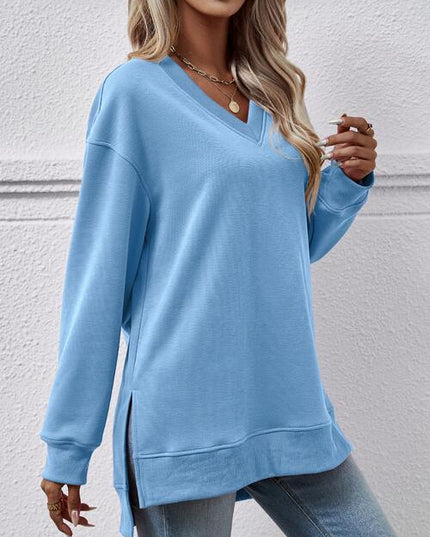 V-Neck Slit Long Sleeve Sweatshirt
