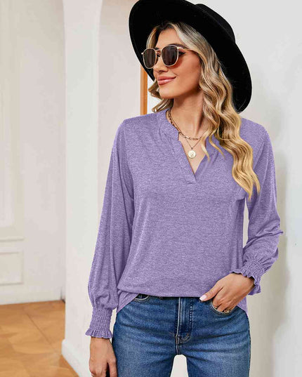 Notched Neck Long Sleeve Blouse