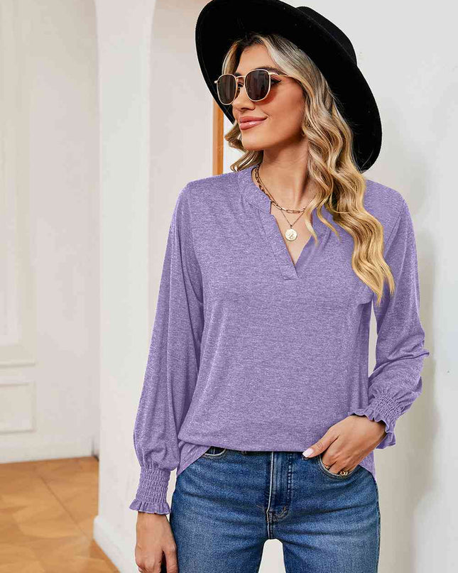 Notched Neck Long Sleeve Blouse