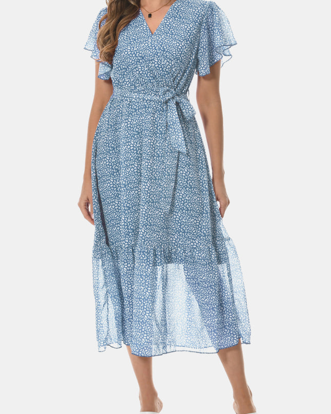 Surplice Neck Flutter Sleeve Tied Dress
