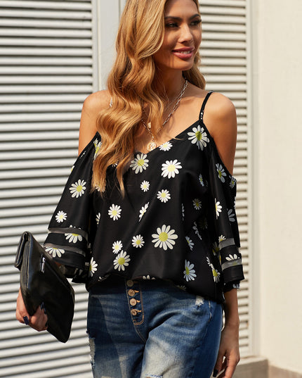 Printed Cold-Shoulder Three-Quarter Flare Sleeve Blouse