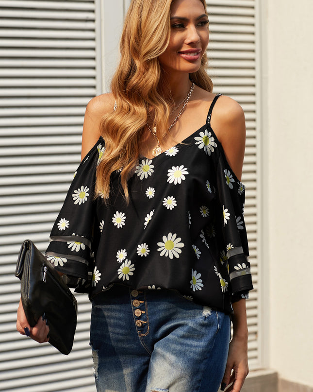 Printed Cold-Shoulder Three-Quarter Flare Sleeve Blouse