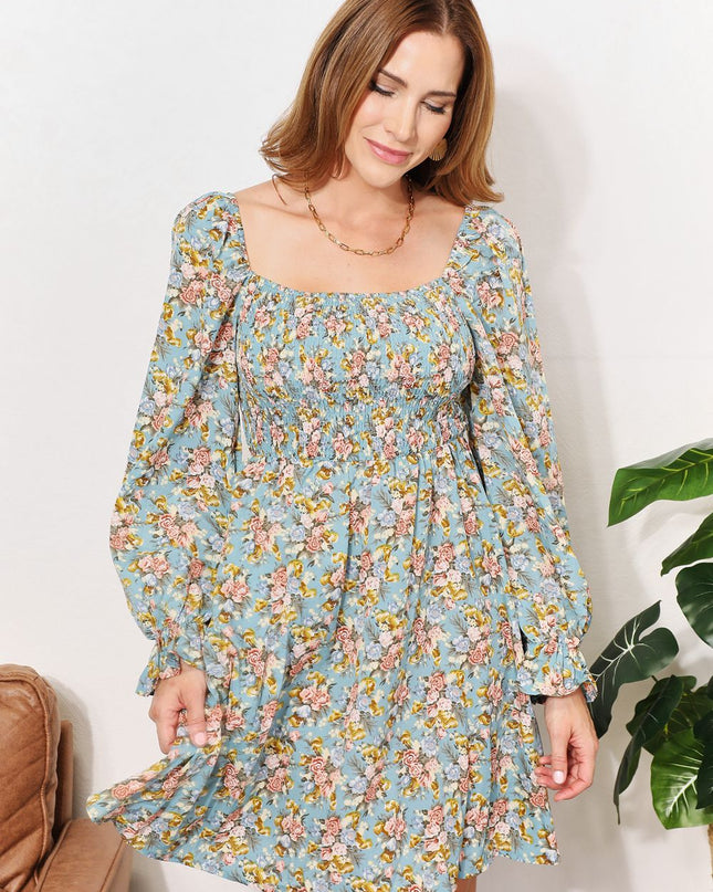 Double Take Floral Smocked Flounce Sleeve Square Neck Dress