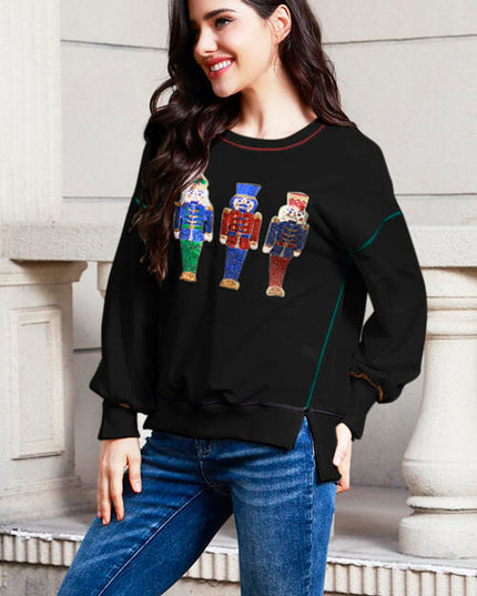 Sequin Nutcracker Round Neck Slit Sweatshirt
