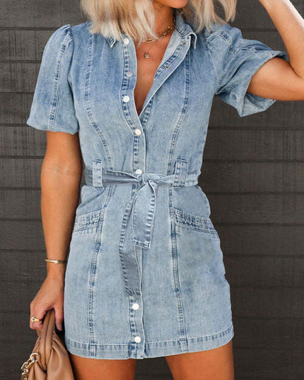 Puff Sleeve Button Up Mini Denim Dress