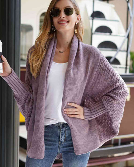 Double Take Dolman Sleeve Open Front Ribbed Trim Longline Cardigan