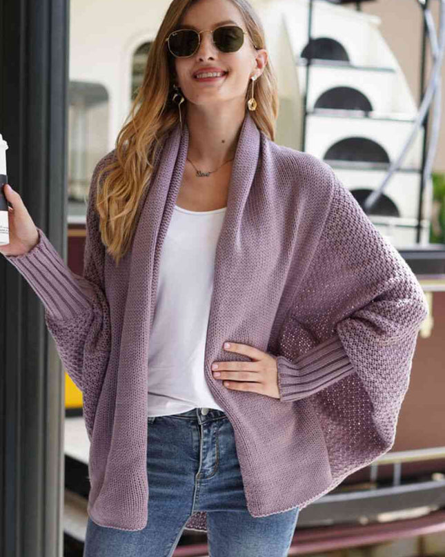 Double Take Dolman Sleeve Open Front Ribbed Trim Longline Cardigan