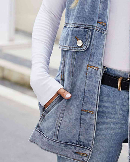 Button Up Collared Neck Denim Jacket with Pockets