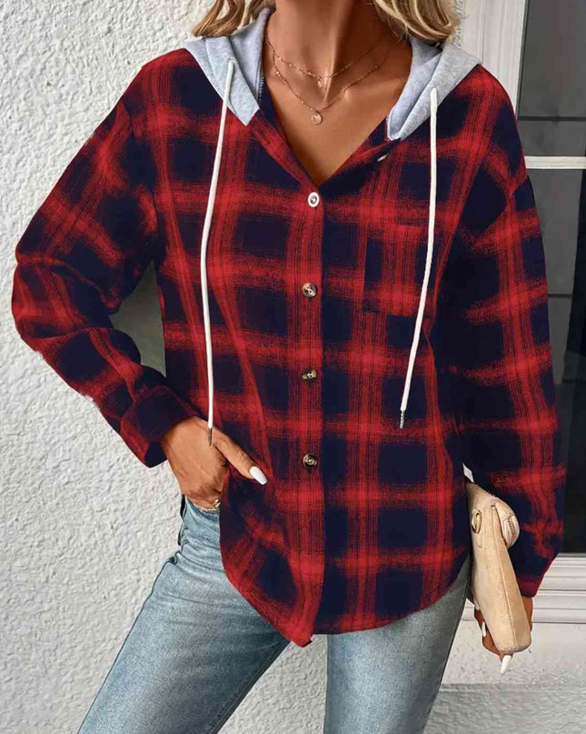 Plaid Drawstring Button Up Hooded Jacket