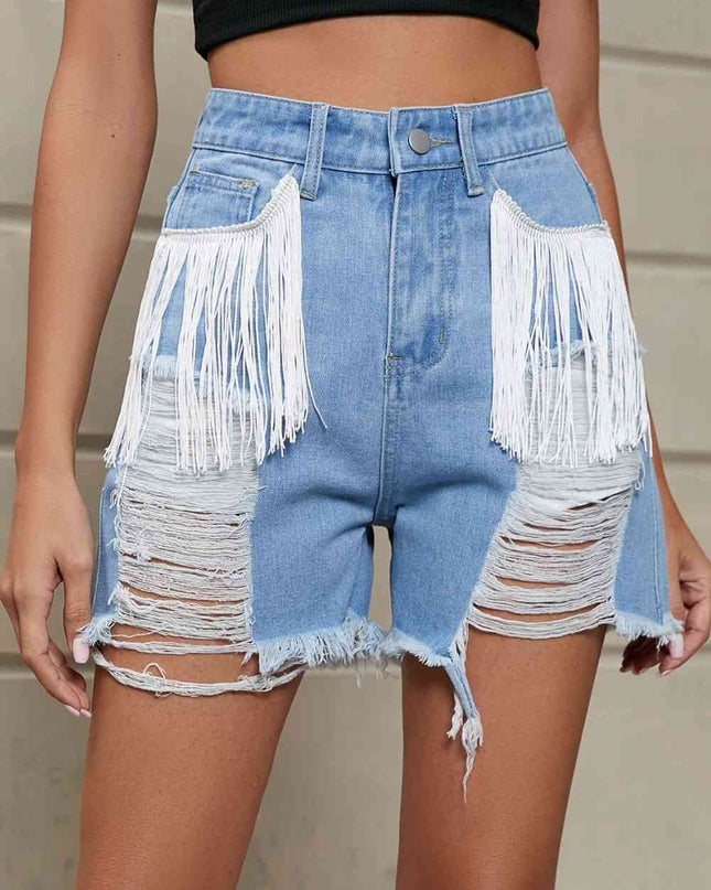 Fringe Trim Distressed Denim Shorts with Pockets